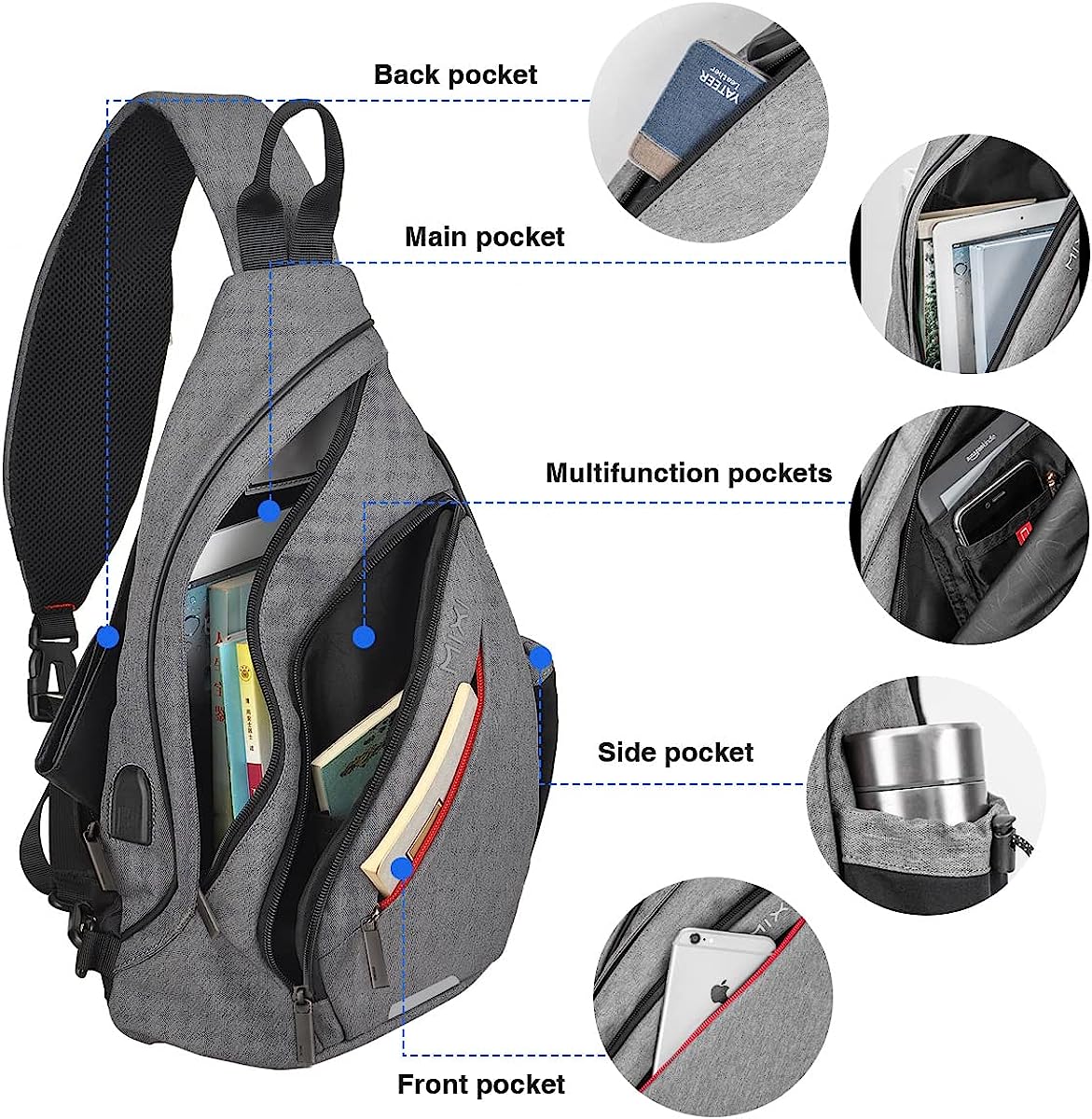 Hanke Sling Bag Men Backpack Unisex One Shoulder Bag Hiking Travel Backpack Crossbody with USB Port Versatile Casual Daypack - Image 2